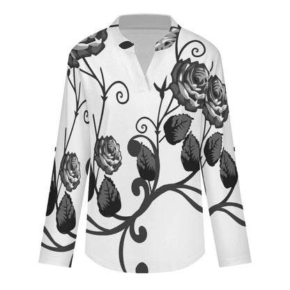 Stand-up Collar Long-sleeved Shirt Roses, Flowers white S Women’s V-Neck Blouses