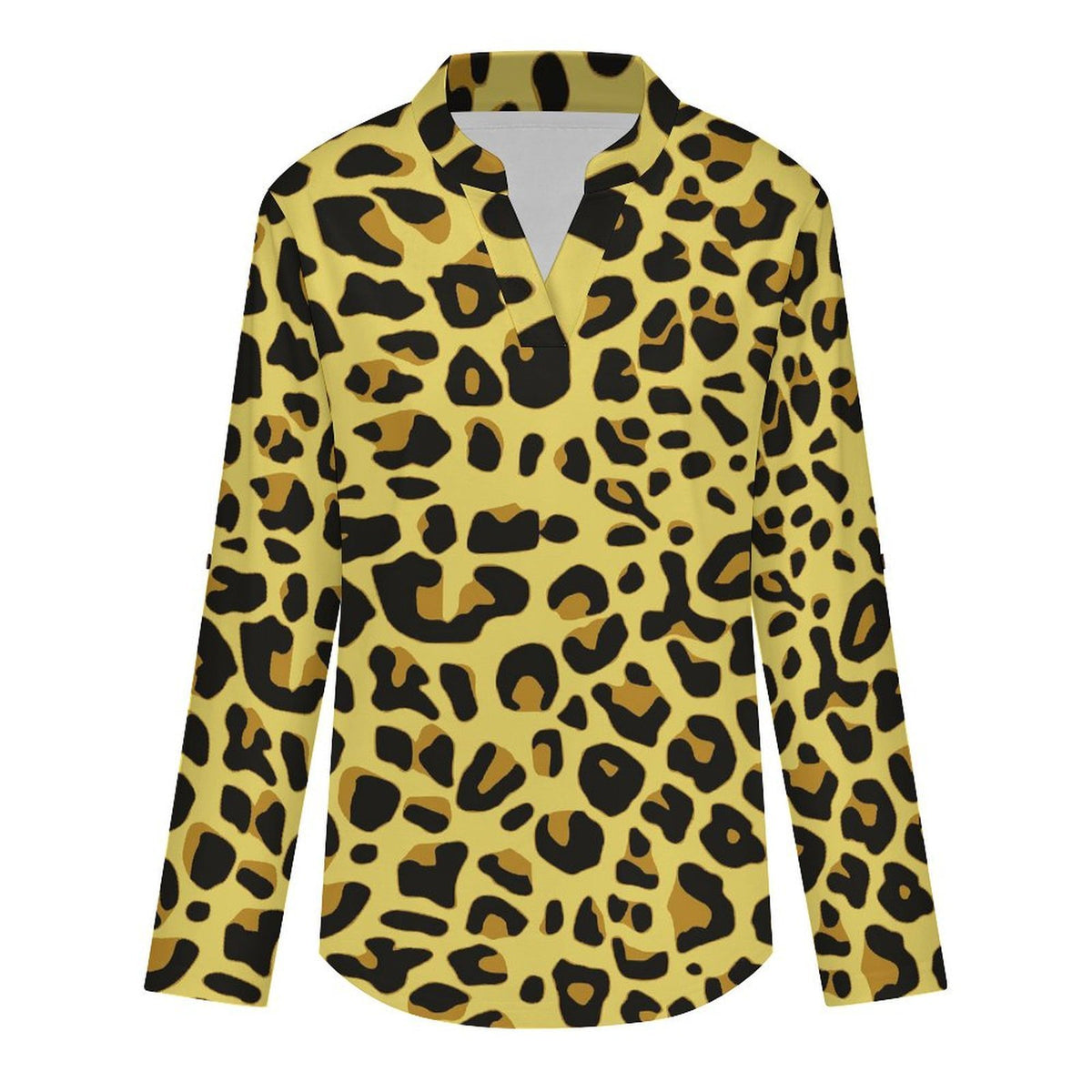 Versatile Notched V-Neck Tunic | Roll Tab 3/4 Sleeve Office Casual Top  Yellow Leopard Print