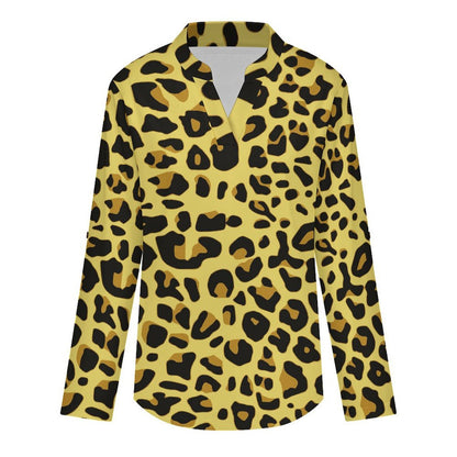 Versatile Notched V-Neck Tunic | Roll Tab 3/4 Sleeve Office Casual Top  Yellow Leopard Print