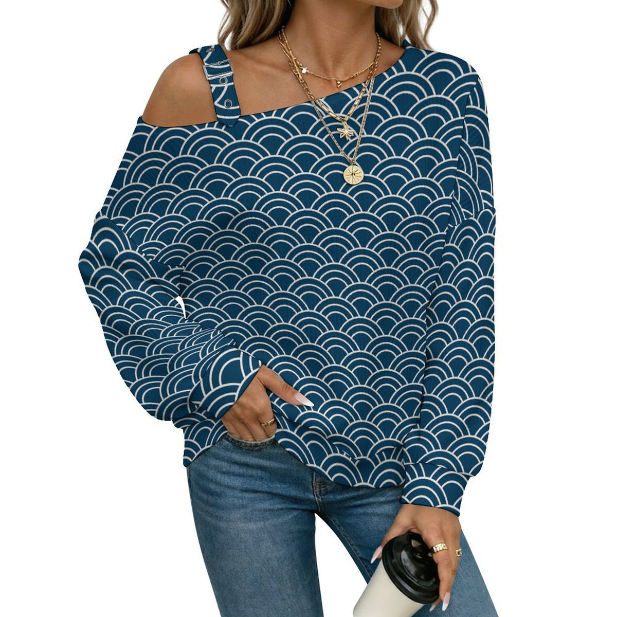Women’s Off-Shoulder Knit Sweater Retro Pattern Background