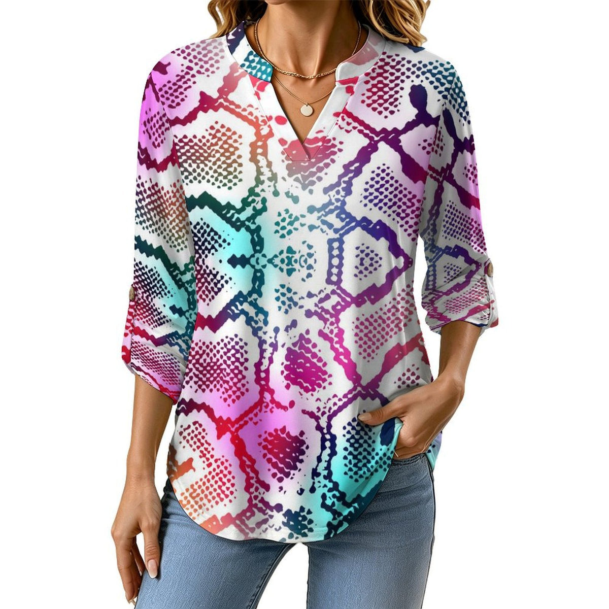 Fluorescent Snake Skin Pattern Roll Tab 3/4 Sleeve Notched V Neck Tunic Blouse
