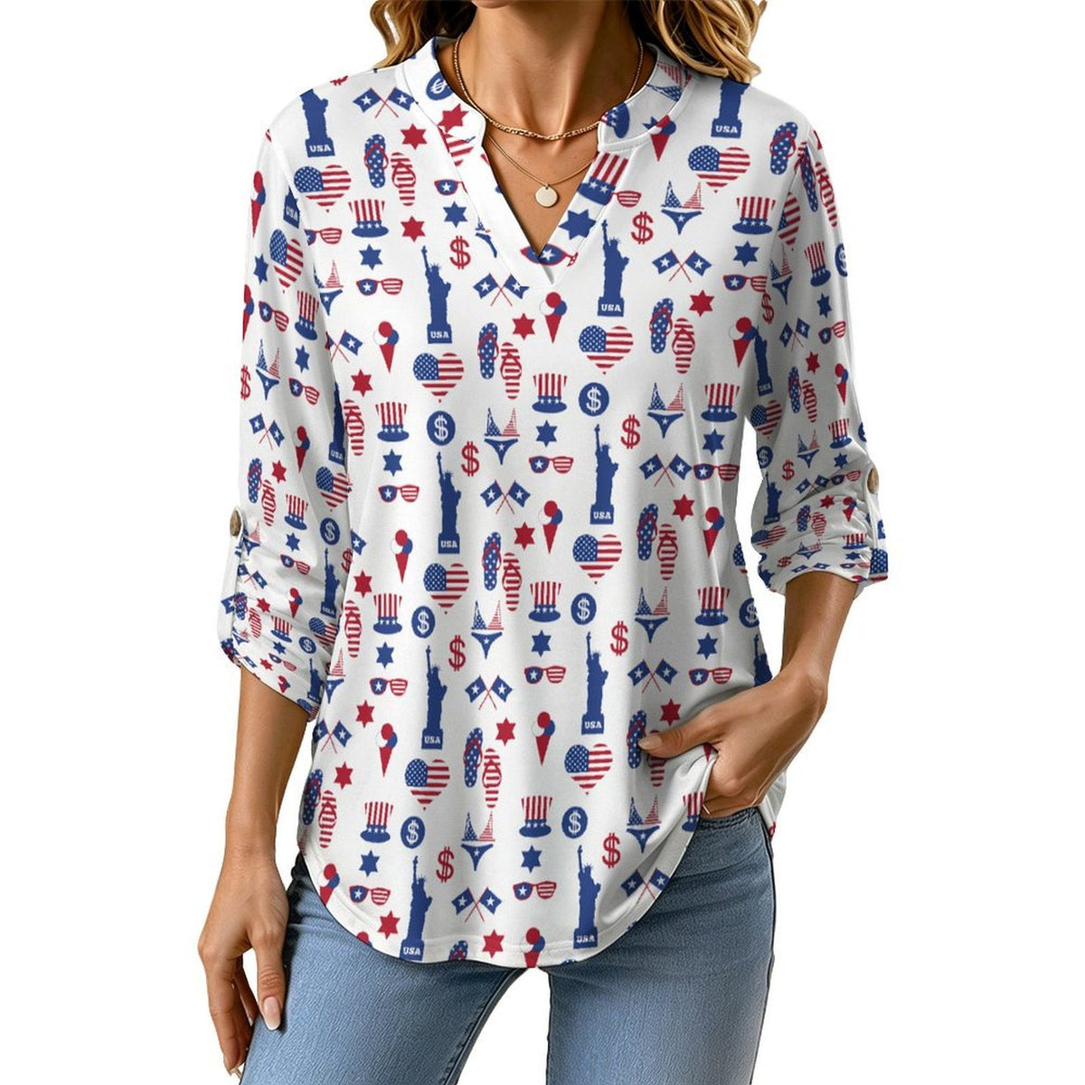 Statue of Liberty, Flag, Blue Stars, Stripes Roll Tab 3/4 Sleeve Notched V Neck Tunic Blouse