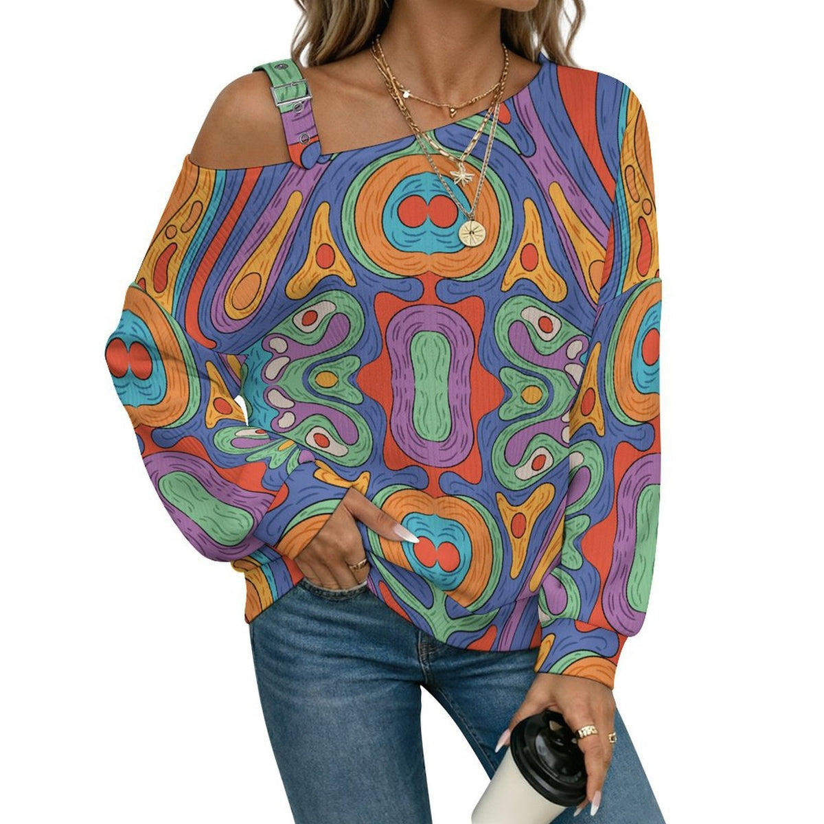 Off-the-shoulder SweaterRepetitive Pattern Women’s Off-Shoulder Knit Sweater