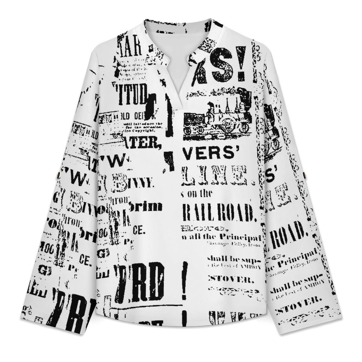 Stand-up Collar Long-sleeved Shirt Newspaper Vintage Dress white S Women’s V-Neck Blouses