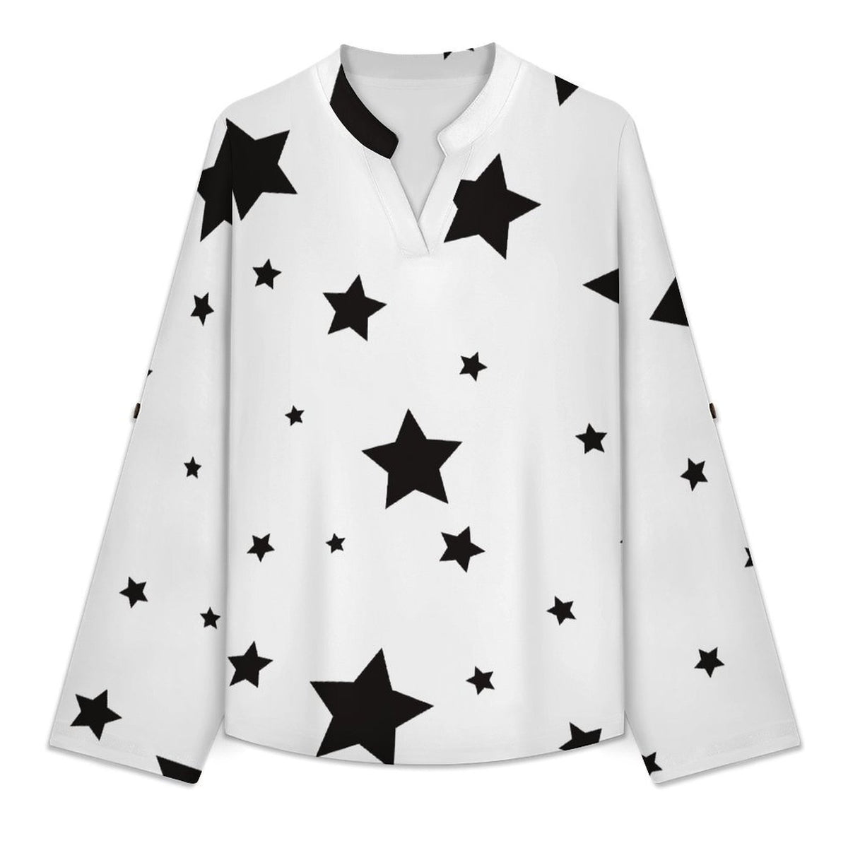 Stand-up Collar Long-sleeved Shirt The Stars Repeat The Black Pattern white S Women’s V-Neck Blouses