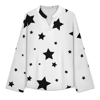 Stand-up Collar Long-sleeved Shirt The Stars Repeat The Black Pattern white S Women’s V-Neck Blouses