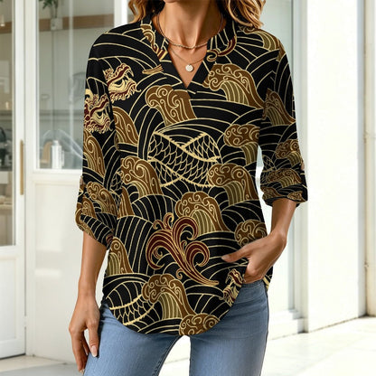 Retro Pattern, Cloud, Dragon Roll Tab 3/4 Sleeve Notched V Neck Tunic Blouse