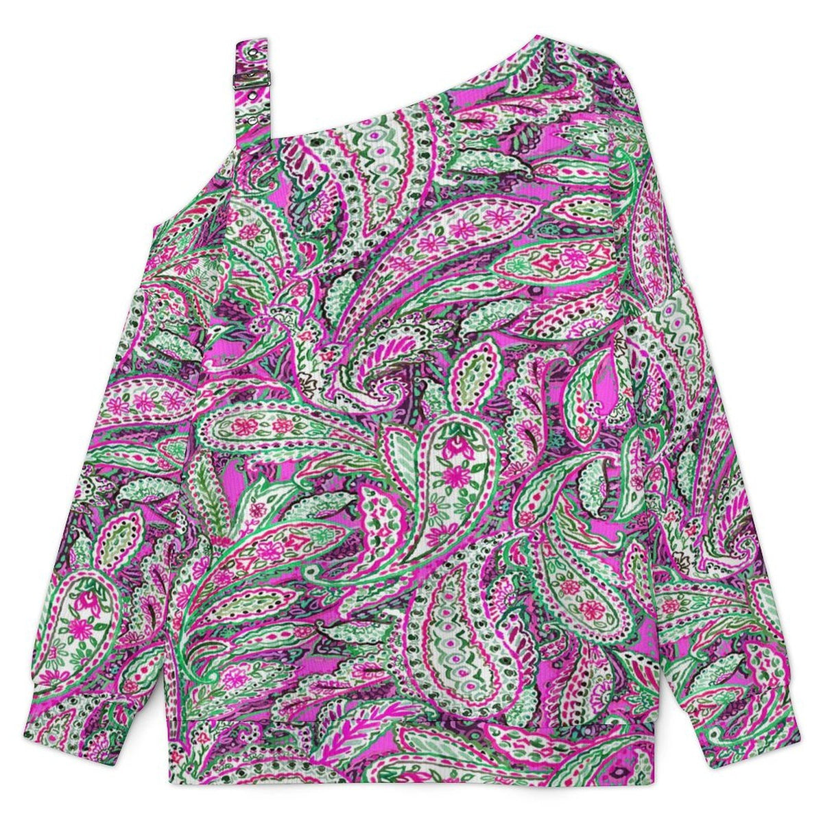 Fall Casual Asymmetric Shoulder Knit Top with Buckle Detail Paisley