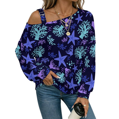 Women’s Off-Shoulder Knit Sweater Ocean Pattern