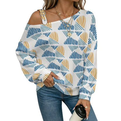 Fall Casual Asymmetric Shoulder Knit Top with Buckle Detail Floral, Repeating Pattern