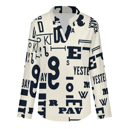 Stand-up Collar Long-sleeved Shirt Black And White, Notes, Newspapers white S Women’s V-Neck Blouses