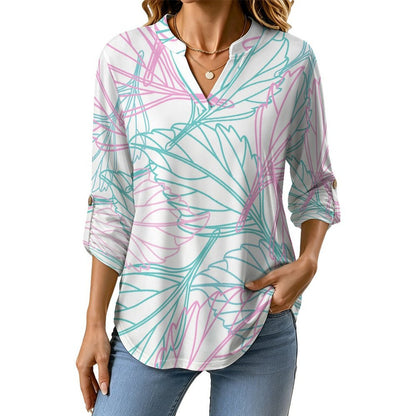Colored Leaves  Versatile Notched V-Neck Tunic | Roll Tab 3/4 Sleeve Office Casual Top