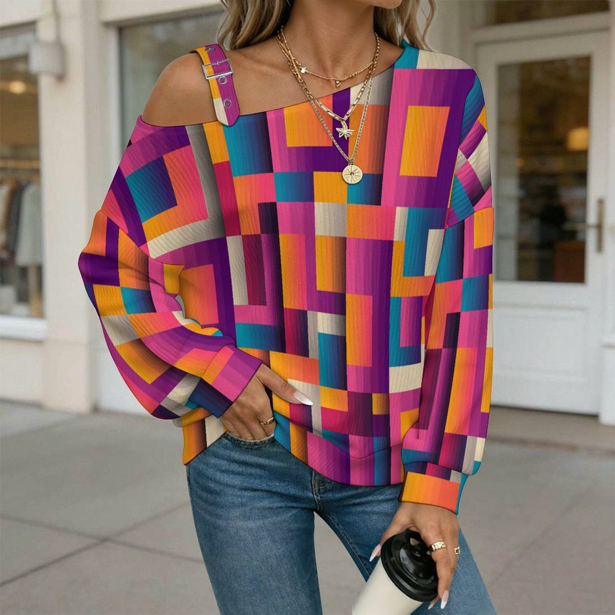 Women’s Off-Shoulder Knit Sweater Colored Checkered Pattern