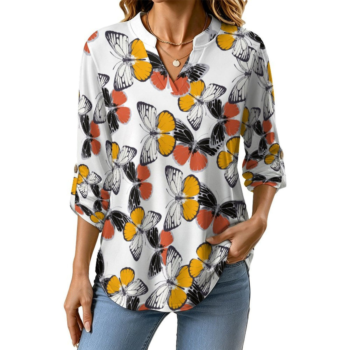 Women's Notched V Neck Tunic Tops, Roll Up 3/4 Sleeve Button Cuff Casual Blouse, Hem Loose Work Shirts  Butterfly, Repeating Pattern