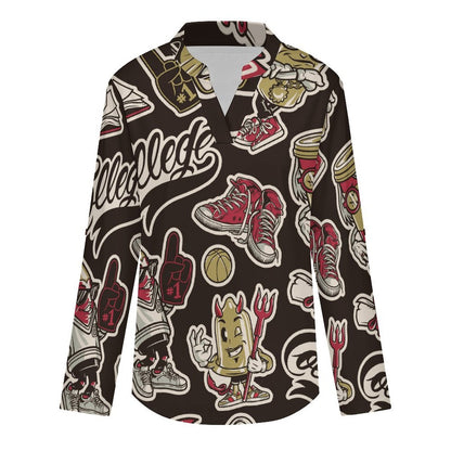 Retro Patterns, Stickers, Animation  Versatile Notched V-Neck Tunic | Roll Tab 3/4 Sleeve Office Casual Top