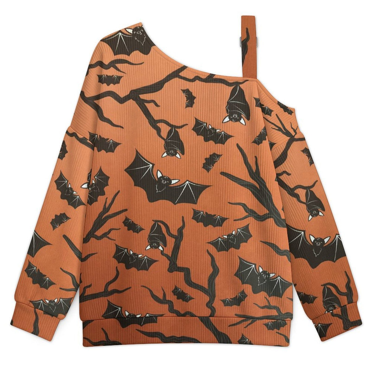 Brown, Bat, Background Fall Casual Asymmetric Shoulder Knit Top with Buckle Detail