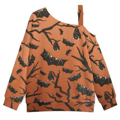 Brown, Bat, Background Fall Casual Asymmetric Shoulder Knit Top with Buckle Detail