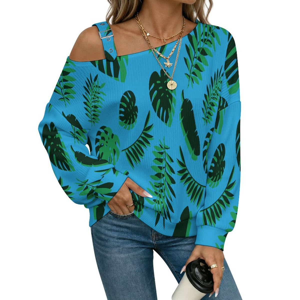 Fall Casual Asymmetric Shoulder Knit Top with Buckle Detail Blue Background, Green Leaves
