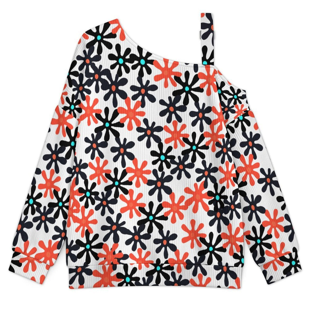 Fall Casual Asymmetric Shoulder Knit Top with Buckle Detail Floral, Repeating Pattern