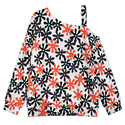 Fall Casual Asymmetric Shoulder Knit Top with Buckle Detail Floral, Repeating Pattern