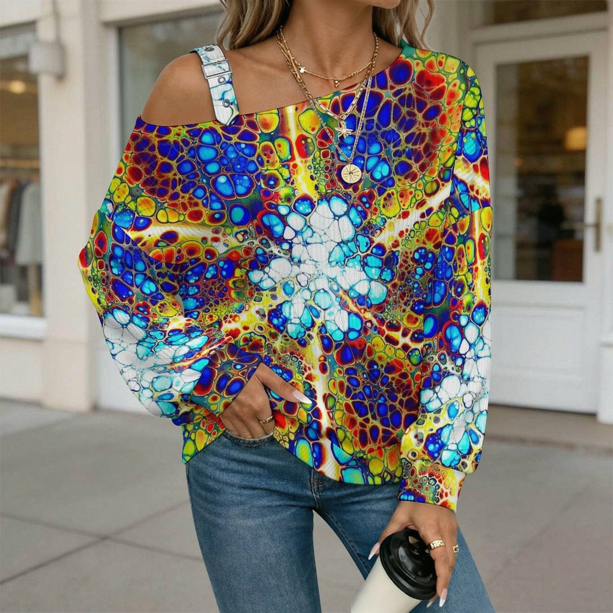 Off-the-shoulder Sweater Pattern  Asymmetric Cold Shoulder Knit Sweater for Women, Adjustable Buckle Strap Long Sleeve Casual Slouchy Pullover