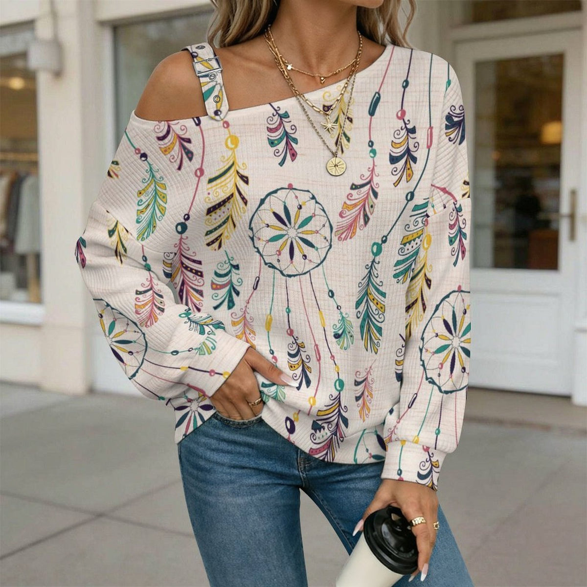 Off-the-shoulder Sweater Feathers  Asymmetric Cold Shoulder Knit Sweater for Women, Adjustable Buckle Strap Long Sleeve Casual Slouchy Pullover