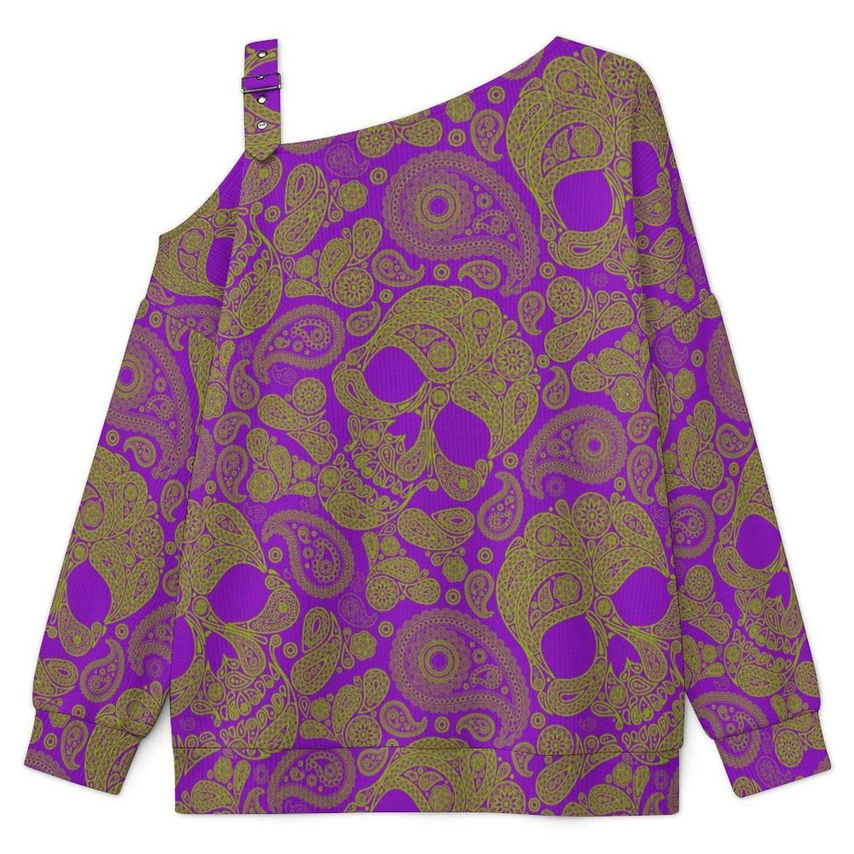 Off-the-shoulder Sweater Skull - Repeat - Paisley Pattern  Asymmetric Cold Shoulder Knit Sweater for Women, Adjustable Buckle Strap Long Sleeve Casual Slouchy Pullover