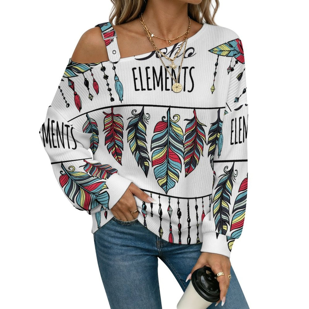 Off-the-shoulder Sweater Boho Style  Asymmetric Cold Shoulder Knit Sweater for Women, Adjustable Buckle Strap Long Sleeve Casual Slouchy Pullover