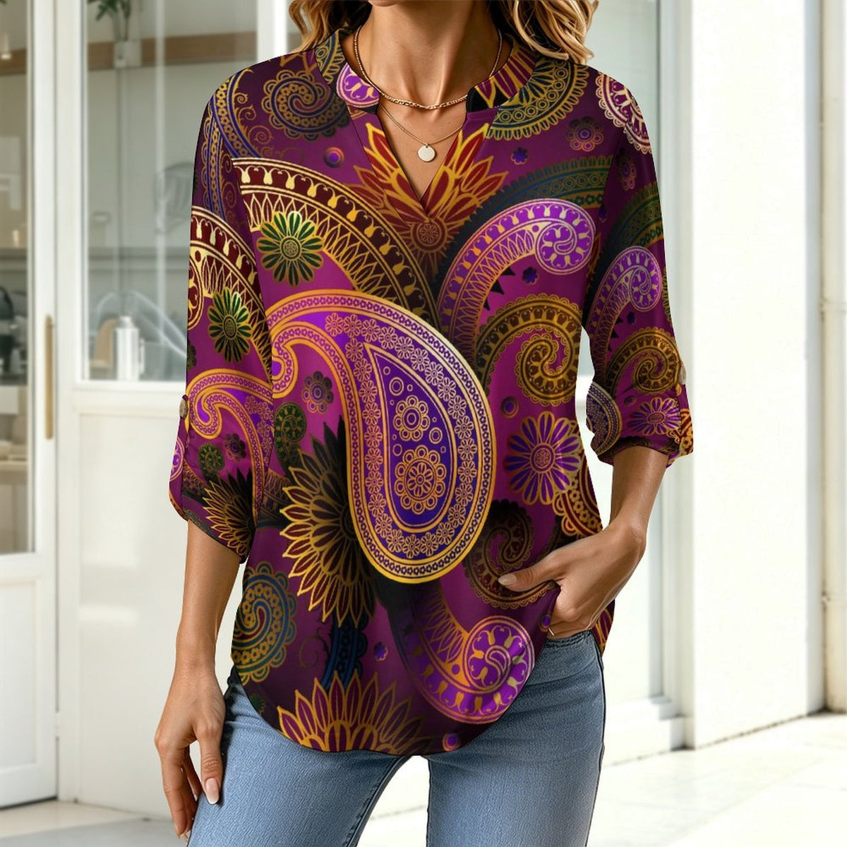 Stand-up Collar Long-sleeved Shirt Paisley  Customization Women’s V-Neck Blouses,long Sleeve,Roll-Up Sleeve Shirt