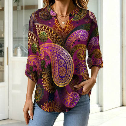 Stand-up Collar Long-sleeved Shirt Paisley  Customization Women’s V-Neck Blouses,long Sleeve,Roll-Up Sleeve Shirt