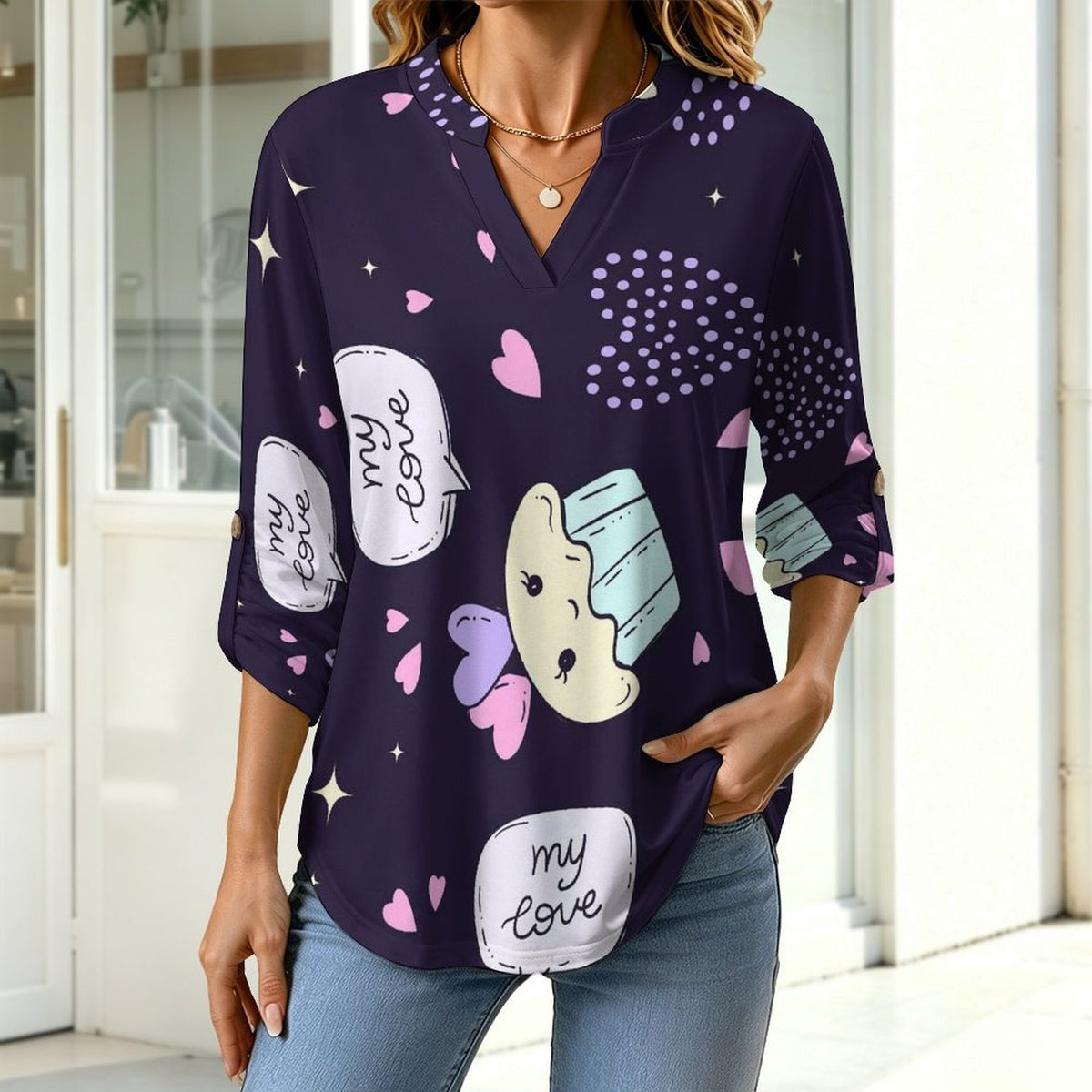 Stand-up Collar Long-sleeved Shirt Cupcake Background  Customization Women’s V-Neck Blouses,long Sleeve,Roll-Up Sleeve Shirt