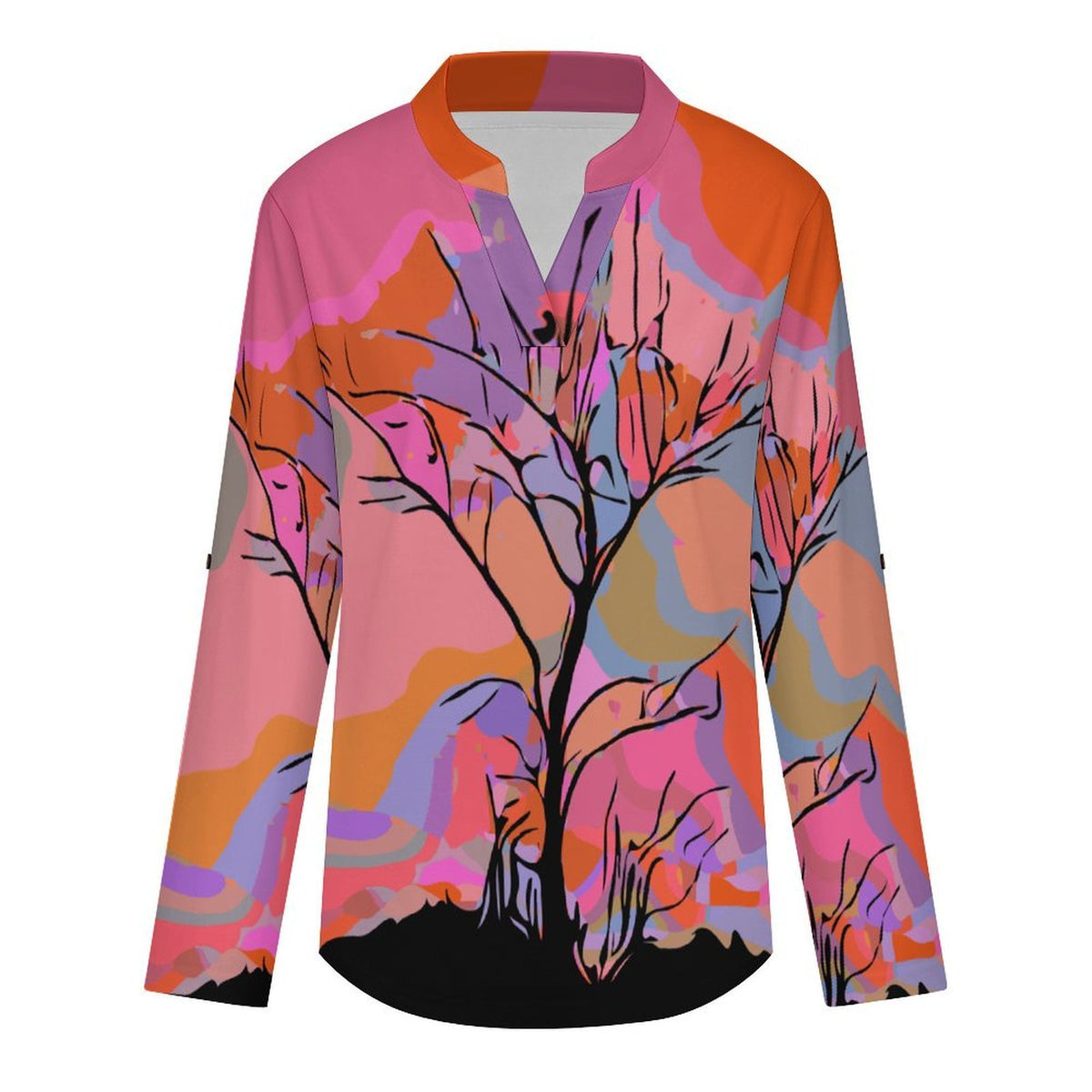 Stand-up Collar Long-sleeved Shirt Dusk, Trees, Nature  Customization Women’s V-Neck Blouses,long Sleeve,Roll-Up Sleeve Shirt