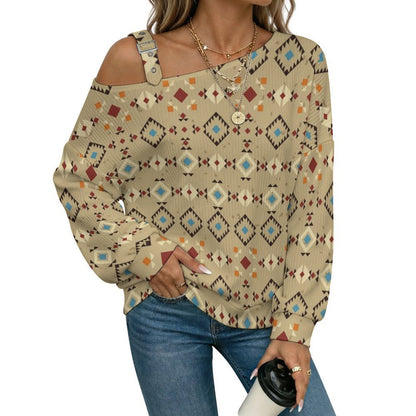 Off-the-shoulder Sweater European Retro Pattern  Asymmetric Cold Shoulder Knit Sweater for Women, Adjustable Buckle Strap Long Sleeve Casual Slouchy Pullover