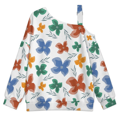 Off-the-shoulder SweaterCartoon Flower Pattern, Seamless Women’s Off-Shoulder Knit Sweater