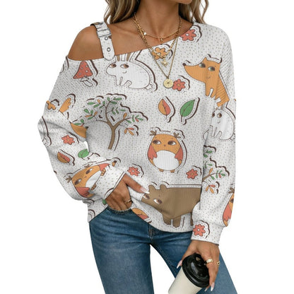 Off-the-shoulder Sweater Cartoon Animals  Asymmetric Cold Shoulder Knit Sweater for Women, Adjustable Buckle Strap Long Sleeve Casual Slouchy Pullover