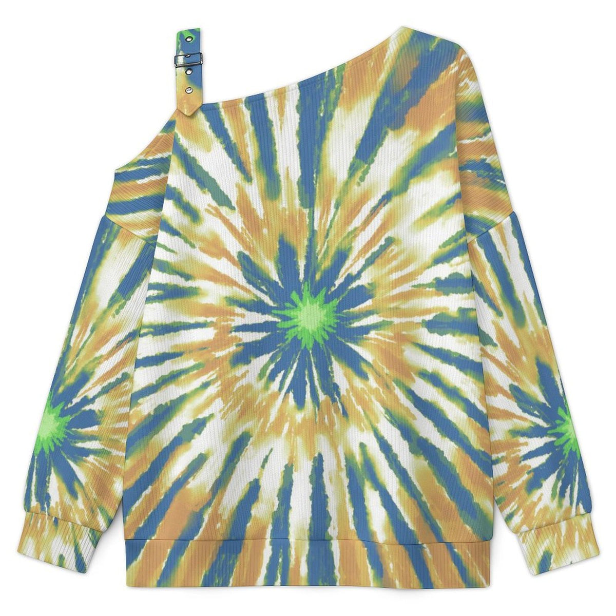 Fall Casual Asymmetric Shoulder Knit Top with Buckle Detail Tie-dye Radiation  Blue Yellow