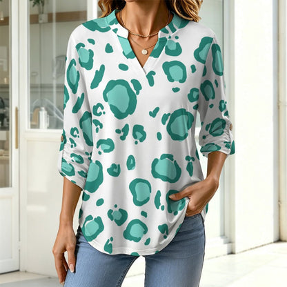 Women's Notched V Neck Tunic Tops, Roll Up 3/4 Sleeve Button Cuff Casual Blouse, Hem Loose Work Shirts  Green Leopard Print