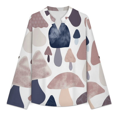 Stand-up Collar Long-sleeved Shirt Mushrooms Background  Customization Women’s V-Neck Blouses,long Sleeve,Roll-Up Sleeve Shirt