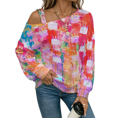 Off-the-shoulder Sweater Tile Colorful Cake  Asymmetric Cold Shoulder Knit Sweater for Women, Adjustable Buckle Strap Long Sleeve Casual Slouchy Pullover