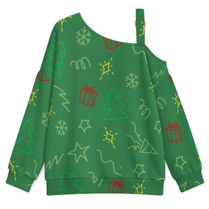 Off-the-shoulder Sweater Christmas Pattern Christmas Tree Green Simple Stroke  Asymmetric Cold Shoulder Knit Sweater for Women, Adjustable Buckle Strap Long Sleeve Casual Slouchy Pullover