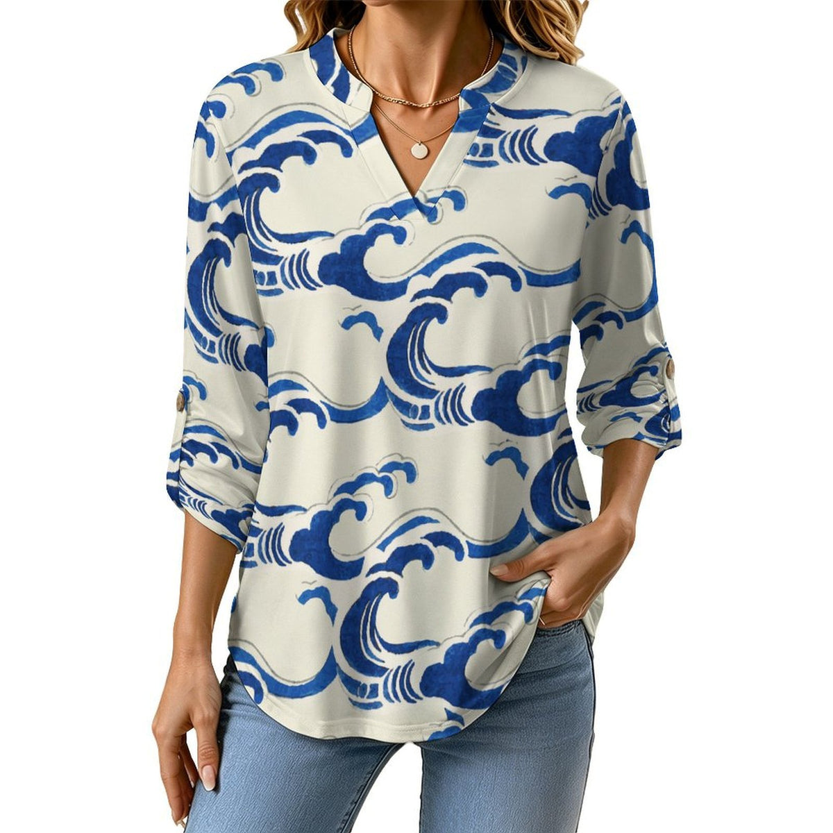 Stand-up Collar Long-sleeved Shirt Retro Wave Background  Customization Women’s V-Neck Blouses,long Sleeve,Roll-Up Sleeve Shirt