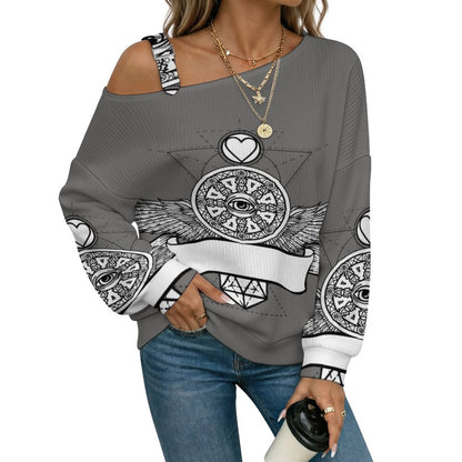 Off-the-shoulder Sweater Wing Eye  Asymmetric Cold Shoulder Knit Sweater for Women, Adjustable Buckle Strap Long Sleeve Casual Slouchy Pullover
