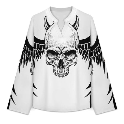 Stand-up Collar Long-sleeved Shirt Skull T-shirt  Customization Women’s V-Neck Blouses,long Sleeve,Roll-Up Sleeve Shirt
