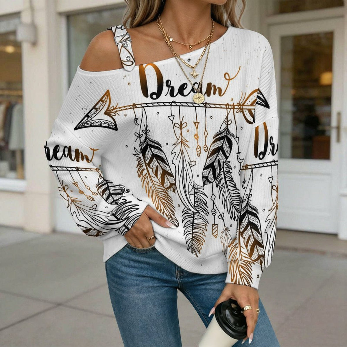 Off-the-shoulder Sweater Dream  Asymmetric Cold Shoulder Knit Sweater for Women, Adjustable Buckle Strap Long Sleeve Casual Slouchy Pullover
