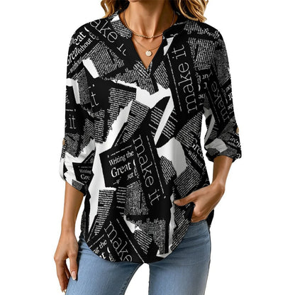 Newspaper Vintage Dress  Women Curved Hem V Neck Roll Sleeve Casual Work Top