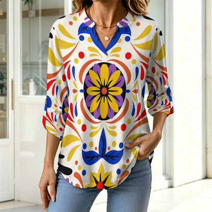 Stand-up Collar Long-sleeved Shirt Mexico Pattern  Customization Women’s V-Neck Blouses,long Sleeve,Roll-Up Sleeve Shirt