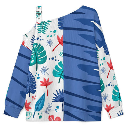Off-the-shoulder Sweater Contrast, Marijuana Leaves, Flowers, Dark Blue  Asymmetric Cold Shoulder Knit Sweater for Women, Adjustable Buckle Strap Long Sleeve Casual Slouchy Pullover