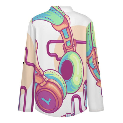 Stand-up Collar Long-sleeved Shirt Headphones, Music  Customization Women’s V-Neck Blouses,long Sleeve,Roll-Up Sleeve Shirt