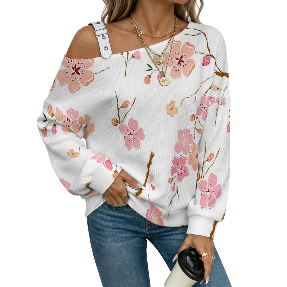 Off-the-shoulder Sweater Flowers  Asymmetric Cold Shoulder Knit Sweater for Women, Adjustable Buckle Strap Long Sleeve Casual Slouchy Pullover