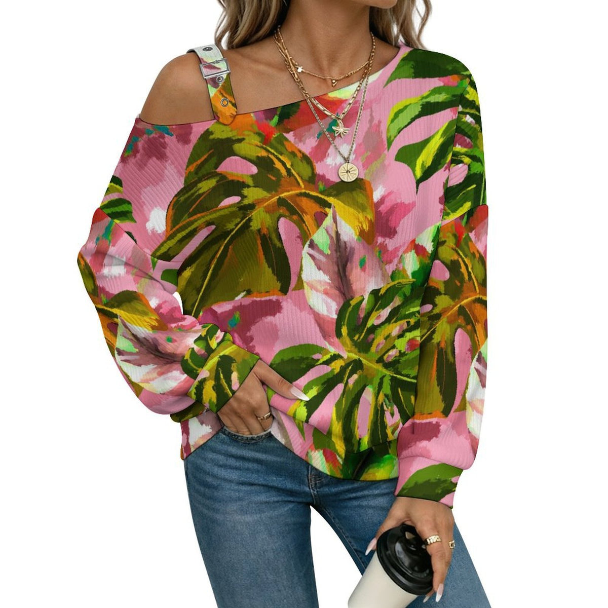 Pink, Green Marijuana Leaves Buckle Strap Asymmetrical Off Shoulder Knit Sweater